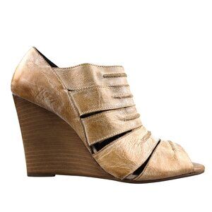 Max Studio Women's Size 7.5M Tan Brown Peep Toe Wedge Heel Ankle Booties Boots